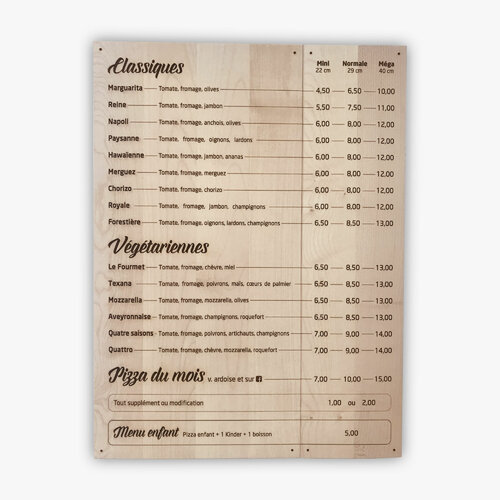 Menu mural pour pizzeria